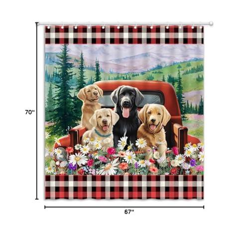 JEJOMEAG JEJOMEAG Dog Shower Curtain Cute Farmhouse Animals Retro Red Truck Rustic Daisy Floral Spring Country Fabric Bathroom Curtain with Hooks, 67x70 Inch