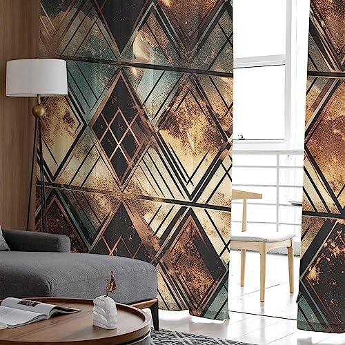 PIEPLE Brown Teal Geometric Sheer Curtains 63 Inch Length 2 Panels Set for Living Room/Bedroom, Retro Modern Plaid Abstract Art Semi Curtain Sheers Drapes Rod Pocket Curtains Window Treatment Set 52x63x2