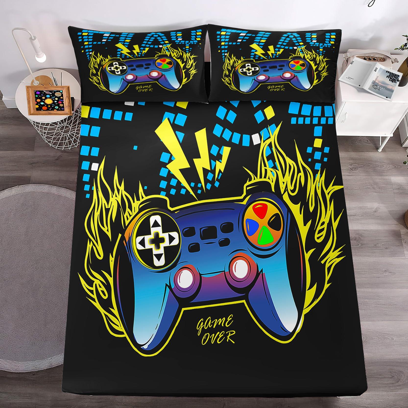 kodhyvj kodhyvj Gamepad Fitted Sheet Queen Size - Gaming Bedding Sets for Boys Bedroom Gamer Twin Sheet Set Kids Video Game Controller Fitted Bed Sheet with 1 Flat Sheet, 1 Fitted Sheet, 2 Pillowcases