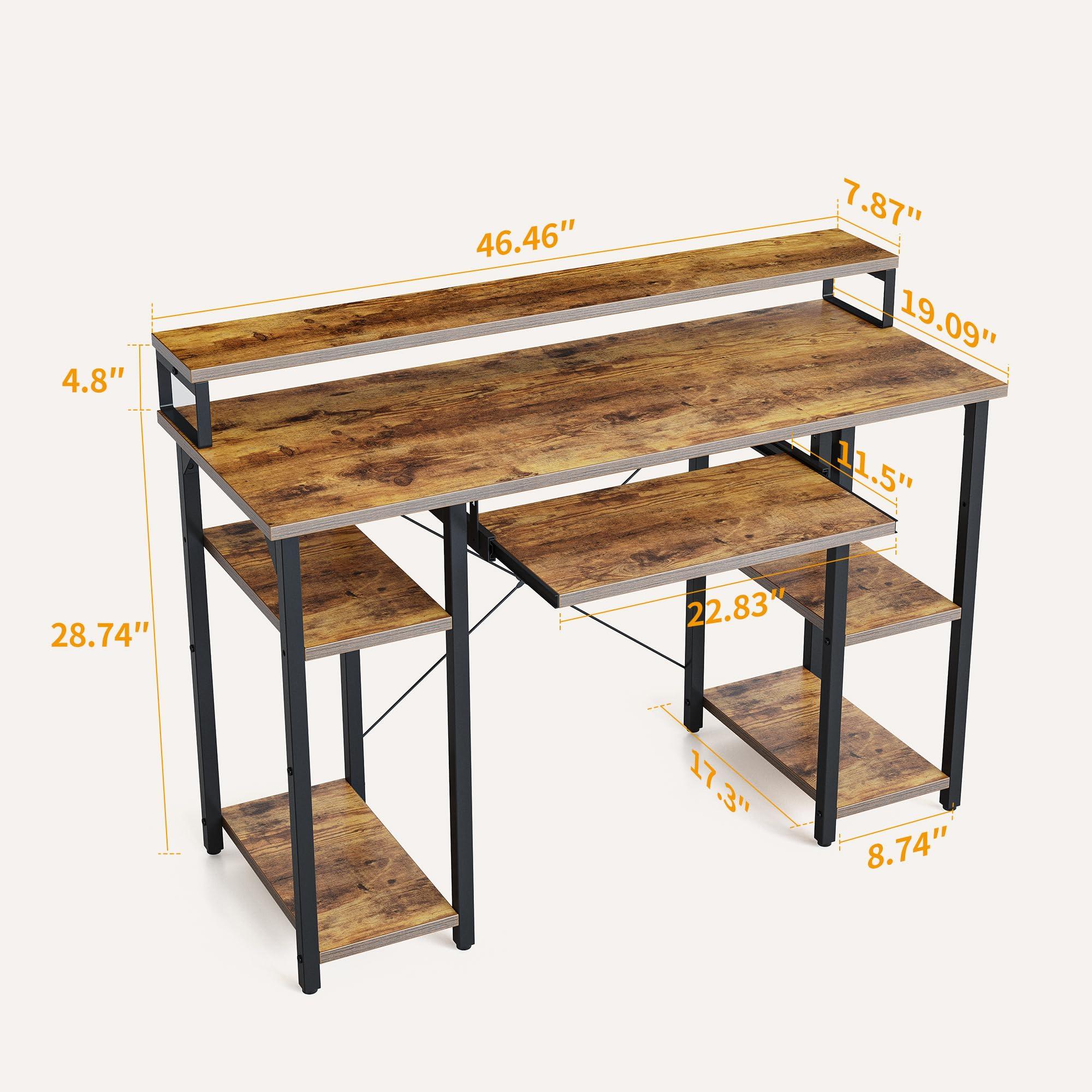 CubiCubi CubiCubi Computer Desk with Keyboard Tray, 47 Inch Office Desk with Monitor Stand and Storage Shelves, Music Studio Desk Workstation, Work Table for Home Office, Rustic Brown