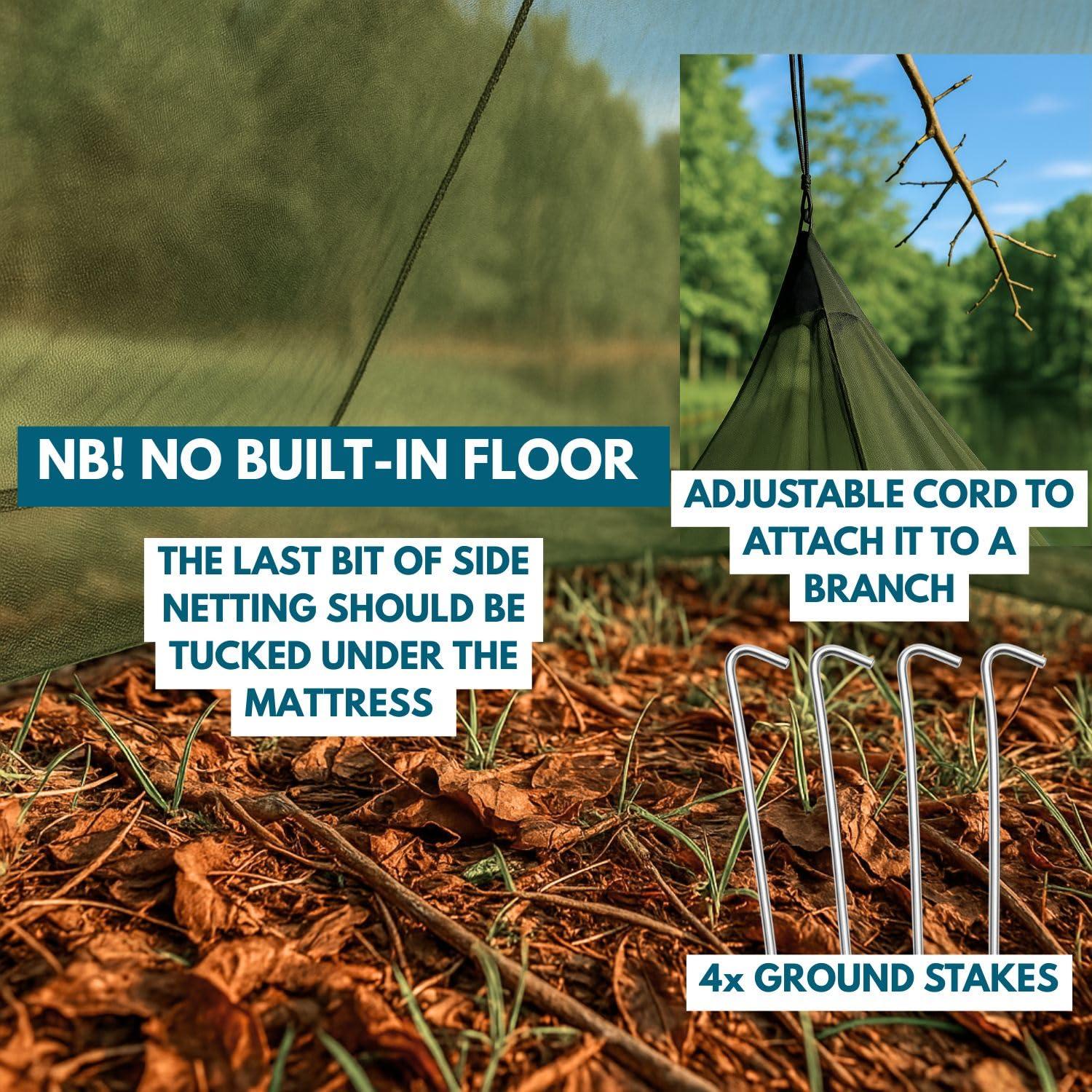 The Friendly Swede The Friendly Swede Outdoor Mosquito Net Mosquito Netting for Camping & Bed; Army Green Bug Net with Stuff Sack, 4 Ground Stakes & Adjustable Cord; Single Bug Tent