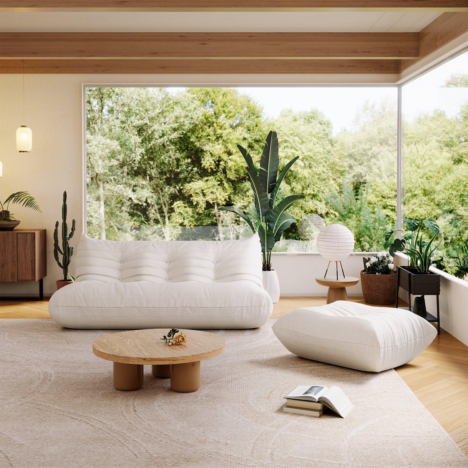 HomeLoft Basics Comfy Lazy Floor Sofa Couch,Teddy Velvet Sofa,Fireside Modern Floor Couch for Adults,3-Seater Lounge Foam Filled Chair with Chaise,Lazy Sofa for Living Room Bedroom Office,White