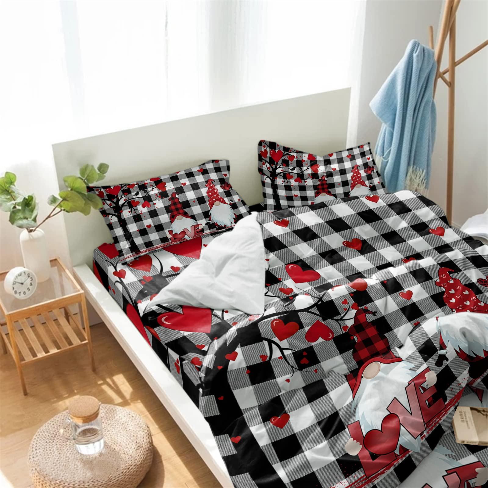 ZFUNCING Duvet Cover California King Size Bedding Set Valentines Love Heart Tree and Gnomes 4 Pieces Microfiber Comforter Cover Soft Duvet Covers Bed Sheet Pillow Cases for Bedroom Retro White Black Lattice