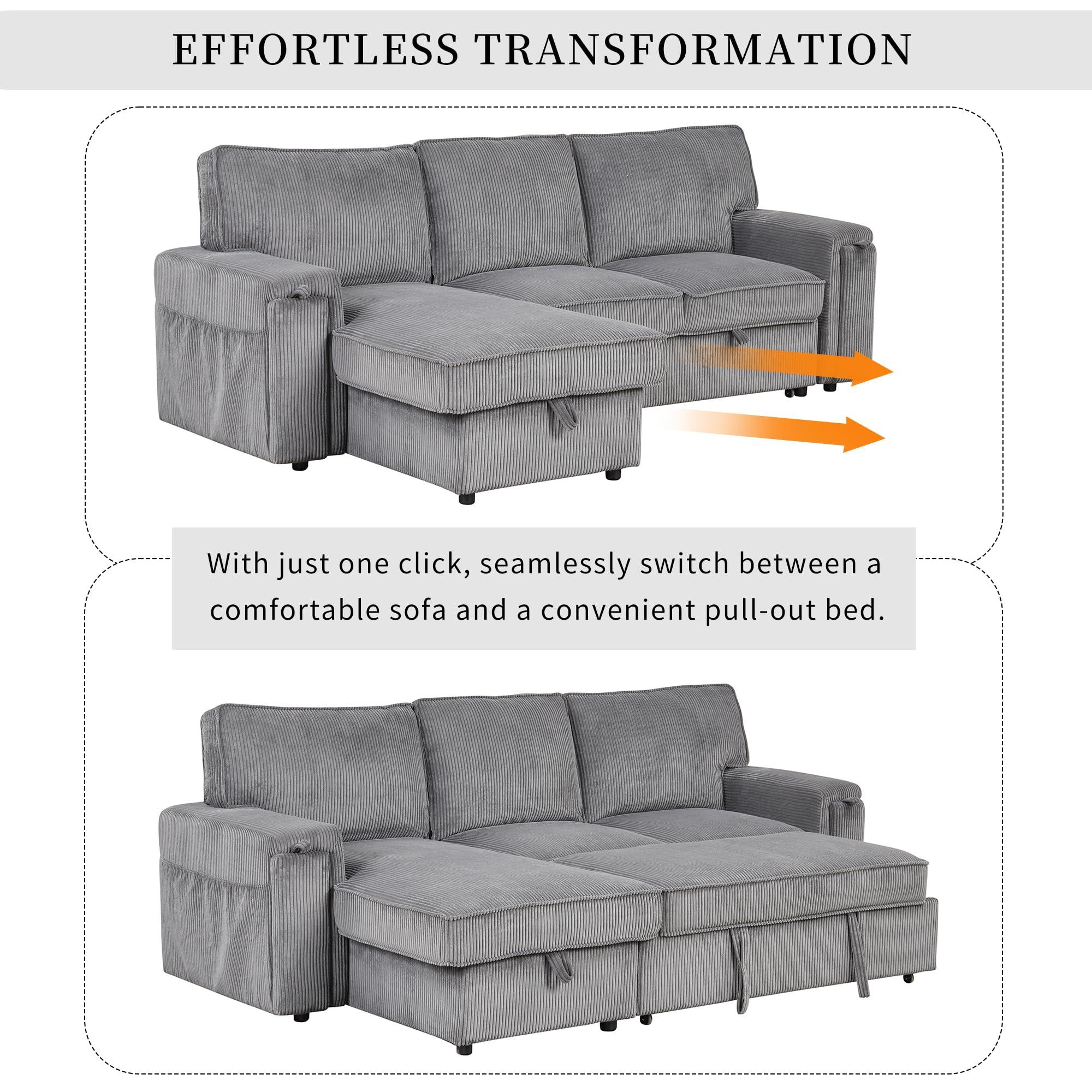 LPKRPL Upholstery Sleeper Sofa Sectional Sofabed - Extra Large Modern Sectional Sofa Set with Pull-Out Bed, Storage Bags and 2 Cup Holders on Arms, Suitable for Living Room, Study Room and Apartment (Gray)