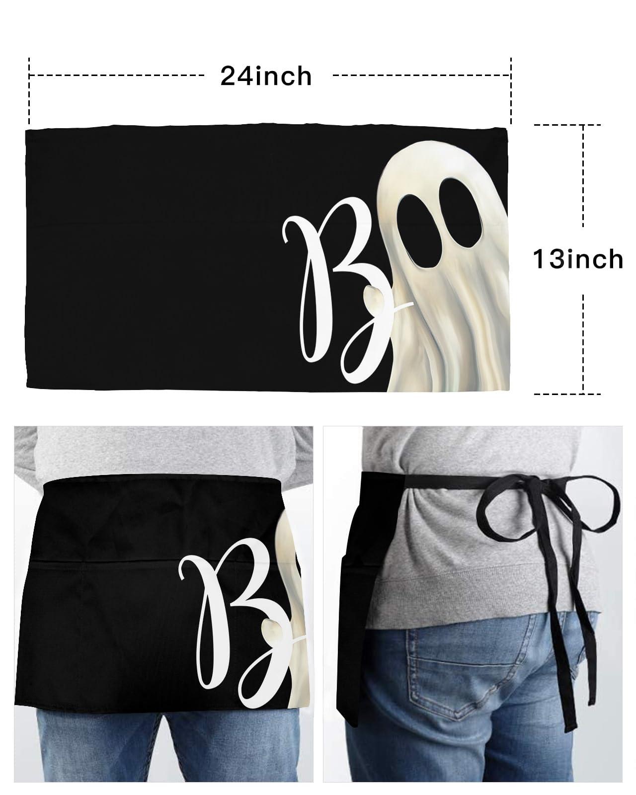 Anzona Halloween Server Aprons with 3 Pockets, White Boo Ghost Classic Black Waist Aprons for Women Men, Waitress Waiter Half Apron for Kitchen Chef Cooking