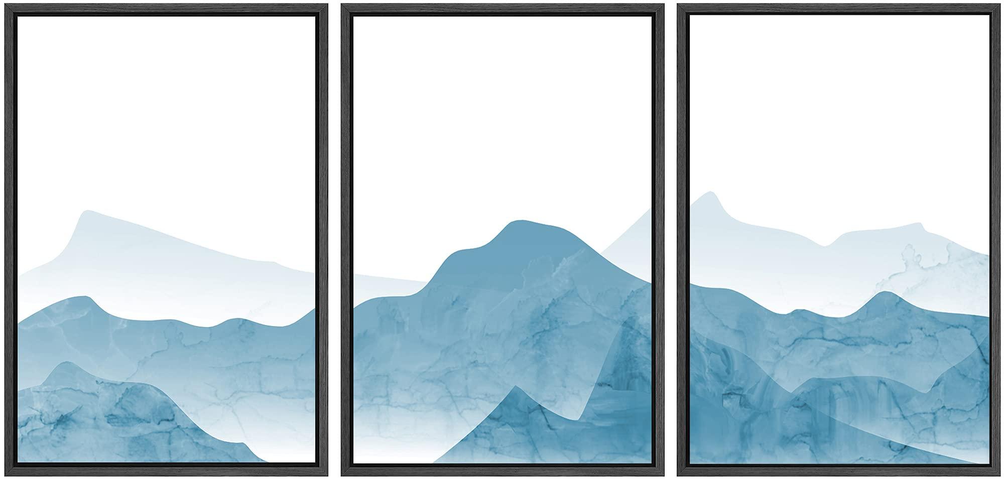 SIGNWIN SIGNWIN Framed Canvas Print Wall Art Blue Transparent Mountain Range Nature Wilderness Illustrations Modern Art Rustic Scenic Relax/Calm Cool for Living Room, Bedroom, Office - 24\"x36\"x3 Black