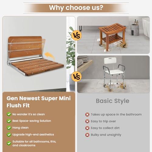 Flngr Folding Teak Shower Seat Wall Mounted,Fold Down Shower Seat,Foldable Shower Bench,Home Care Teak Shower Seat Bench for Inside Shower,Folding Shower Seat Bench,Wall Mount Shower Seat Bench Chair