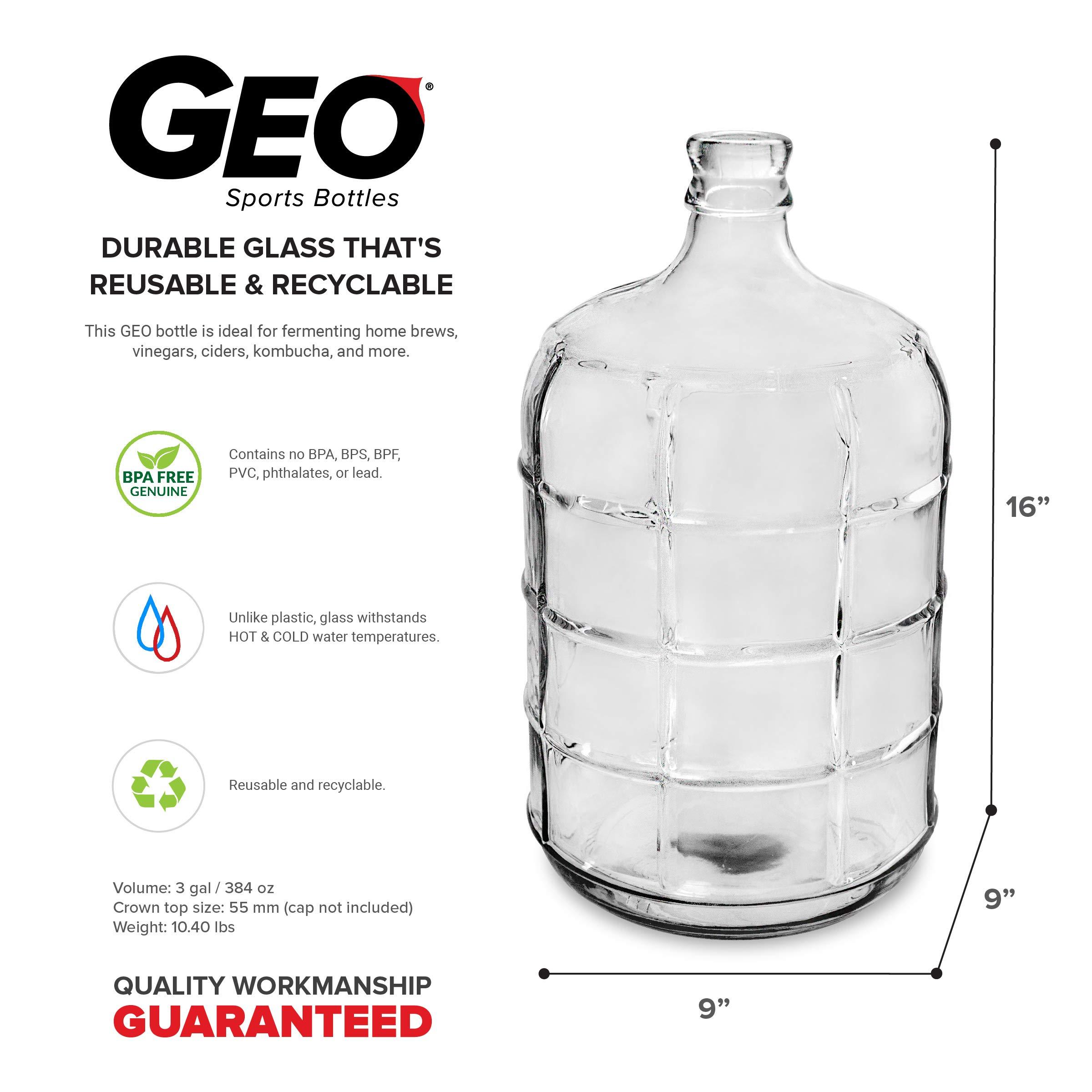 Geo Sports Bottles Geo Sports Bottles 3 Gallon Round Glass Carboy Fits 30mm Cork Finish or 55mm Push Cap Home Brew (Clear Glass) (BT3GG)