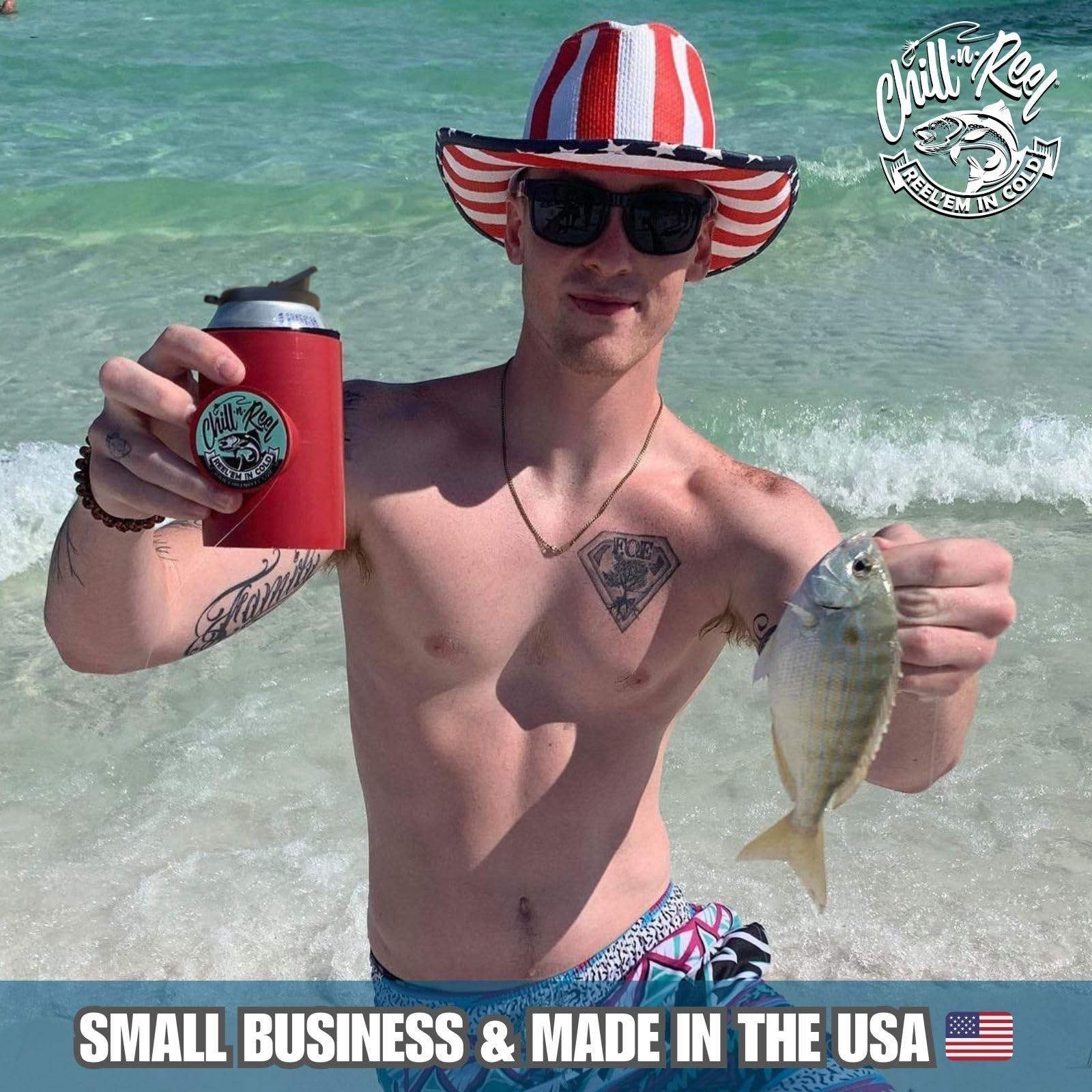Chill-N-Reel Chill-N-Reel Fishing Can Cooler (from Shark Tank) | Hard Shell Drink Holder with Hand Line Reel Attached | Fits Standard Insulator Sleeves or Coozies | Unique Fun Fishing Gift (Crimson & Spill Guard)