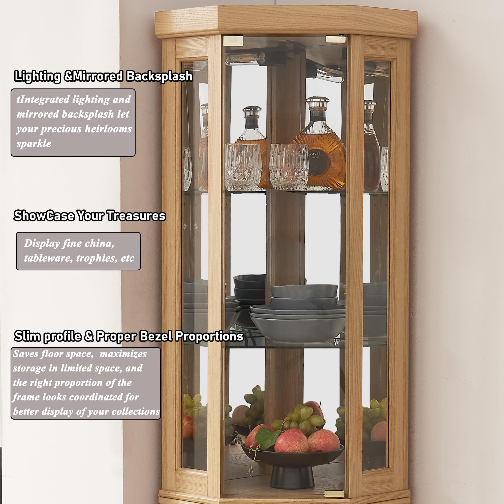 XZTUAJ XZTUAJ Corner Curio Cabinet Display Case with Light, 69\" H Glass Display Cabinet, Display Showcase Case Storage with Tempered Glass Door & Adjustable Glass Shelves for Living Room (Light Oak)