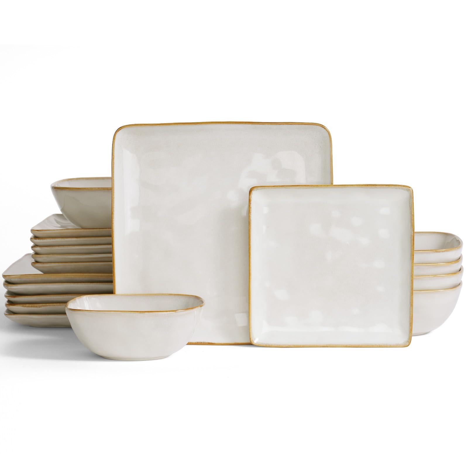 famiware Famiware Ocean Square Plates and Bowls Set, 18 Pieces Dinnerware Sets, Dishes Set for 6, Microwave and Dishwasher Safe, Scratch Resistant, Cappuccino White