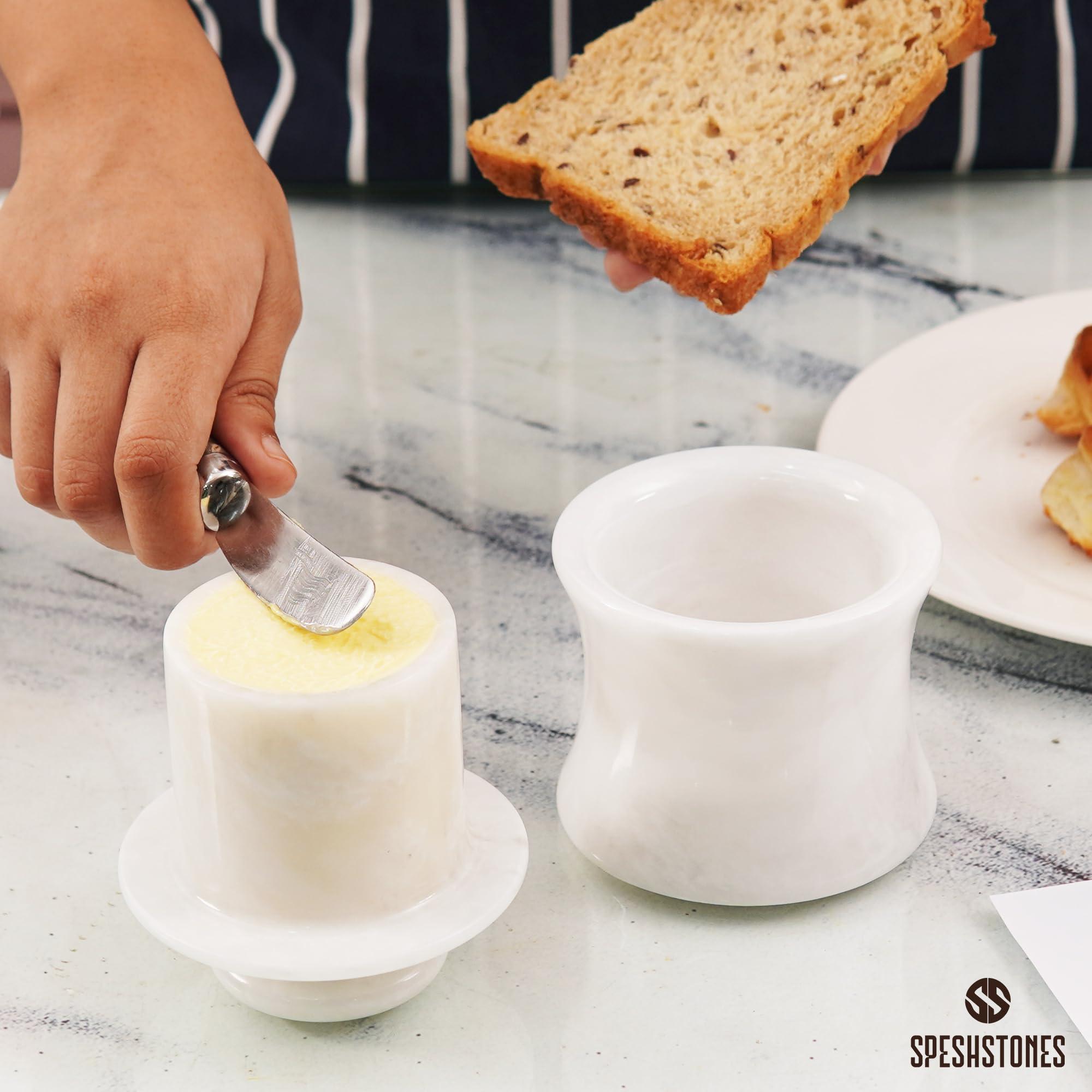 SPESHSTONES SPESHSTONES Marble Butter Keeper 4\'\' Inches White Handmade Butter Crock For Kitchen Counter - Butter Holder for Soft Butter- Butter Dish with Lid For Countertop Storage