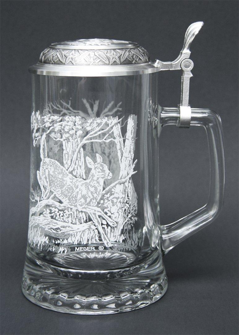 Cornell JAMES MEGER GLASS WHITE TAIL DEER STEIN, Etched German Glass Beer Stein w/ Pewter Lid, Made in Germany