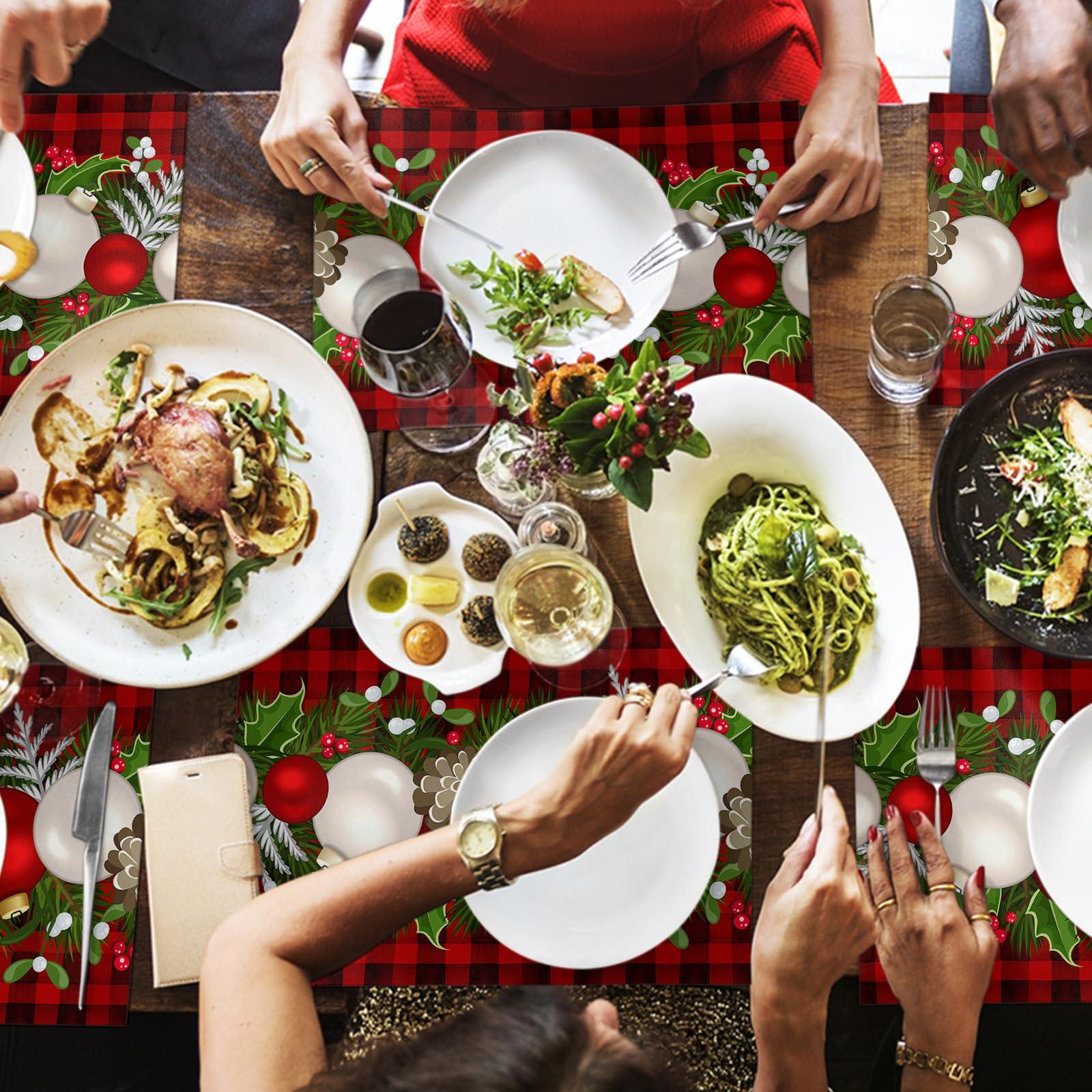 ZOE GARDEN Plaid Christmas Balls Placemats for Dining Table Set of 4, Cotton Linen Cloth for Square/Rectangle/Round Table Mat Placemat, Kitchen Dinner Holiday Dcor Red Black Buffalo Pine Cones Berries