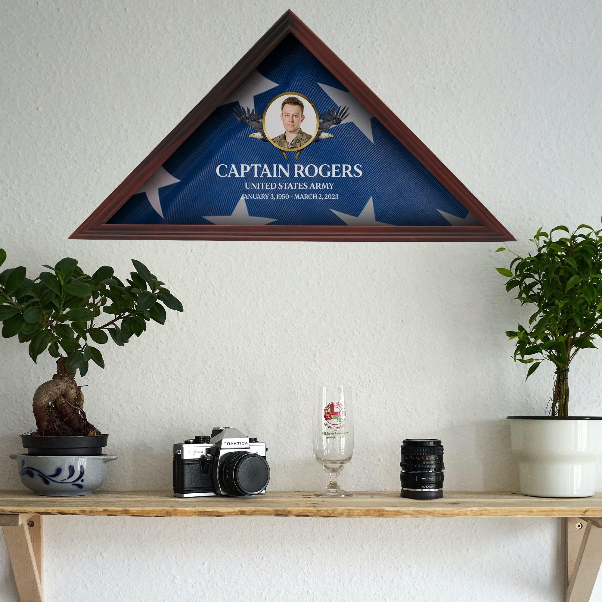 Basic Fundamentals Solid Wood Personalized Flag Box for American Veteran Flag, 9.5 X 5 Feet Full Color, UV Printed Display Case for Burial Flag, Flag Box Display Case with Glass Front for Folded Flag, Cherry (Design 5)