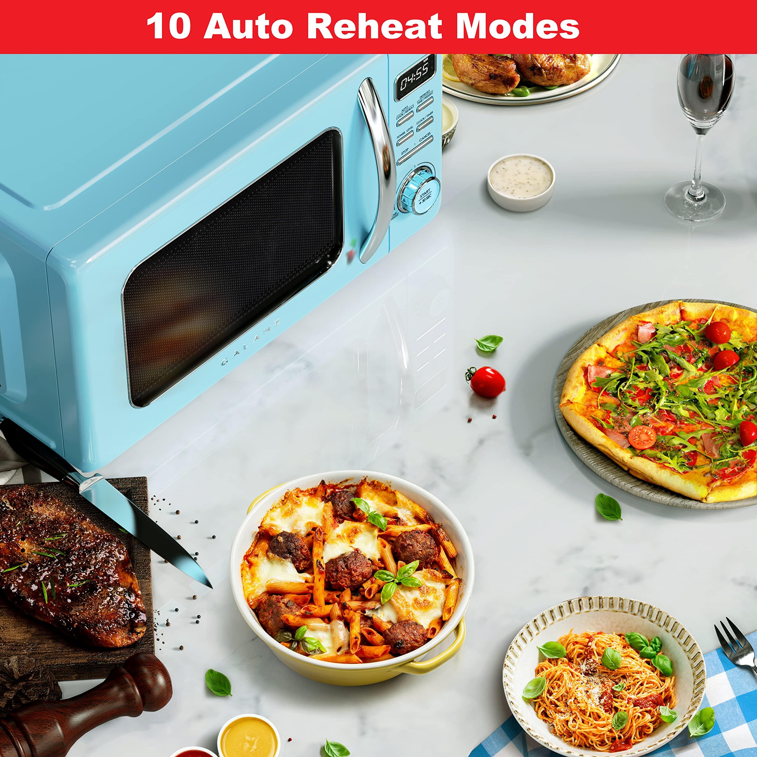 Galanz Galanz GLCMKZ11BER10 Retro Countertop Microwave Oven with Auto Cook & Reheat, Defrost, Quick Start Functions, Easy Clean with Glass Turntable, Pull Handle, 1.1 cu ft, Blue