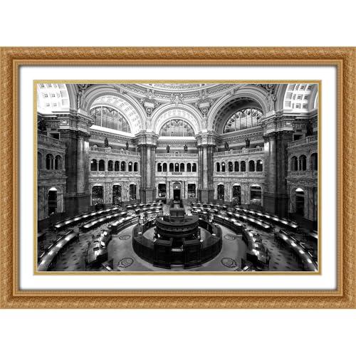 ArtDirect ArtDirect Main Reading Room. View from above showing researcher desks. Library of Congress Thomas Jefferson Bu II 24x17 Gold Ornate Wood Framed Double Matting Museum Art Print by Highmith, Carol