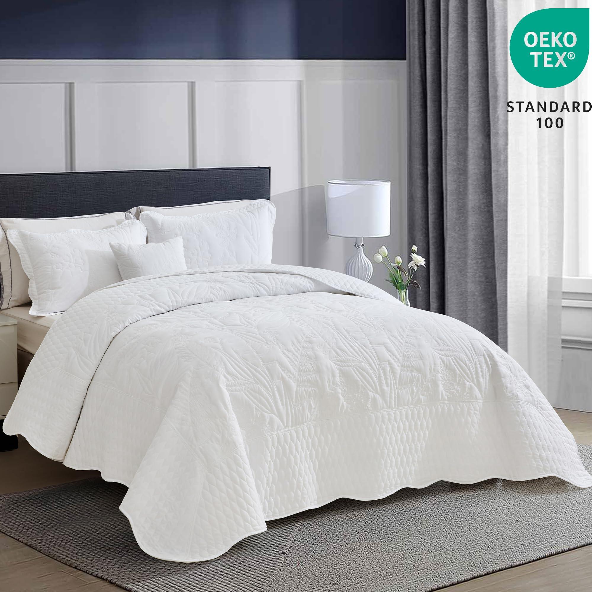 DaisyHuang DaisyHuang Botanical Oversized Bedspread Queen Size - Leaves Pattern Stitching Quilt Set - Elegent & Fresh Style Bedding Coverlets, Reversible, Lightweight, 4 Piece, White