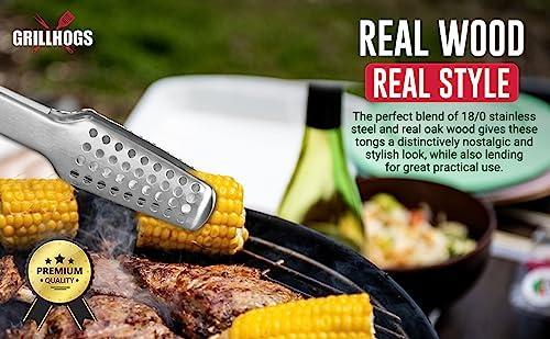 GRILLHOGS 16\" Extra Long Tongs 18/0 Stainless Steel BBQ Grill Tongs with Ergonomic Real Oak Wood Handle for Cooking - Durable Grilling Accessory, Tongs for Cooking & Kitchen, Outdoor Barbecue, Easy to Clean