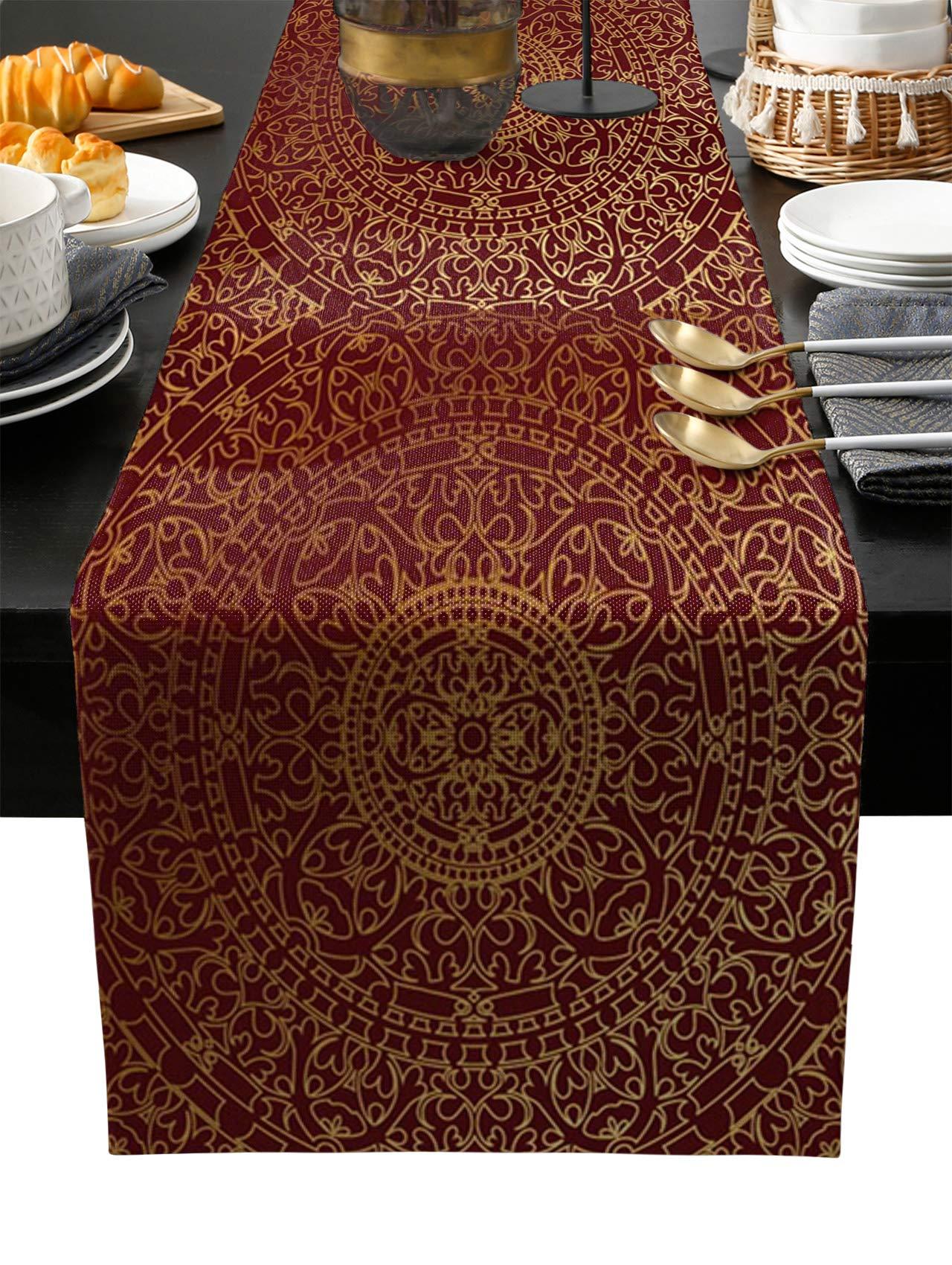 Ldtrchee Golden Simple Oriental Traditional Pattern Burlap Table Runner 72 Inches, Red Gradient Flower Cluster Bed Runner Dresser Scarves Tabletop for Indoor Outdoor Parties/Ceremony, 14\" x 72\"