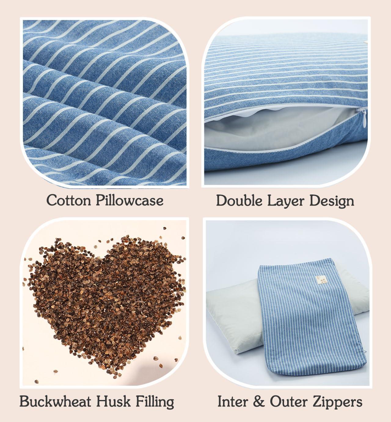 EDMILE EDMILE Buckwheat Bed Pillows for Sleeping, Firm Adjustable Pillow for Neck Pain Relief, Hard Flat Neck Support Pillow, Buckwheat Hull Meditation Cushion with Pillowcase, Blue 24\"X14\"