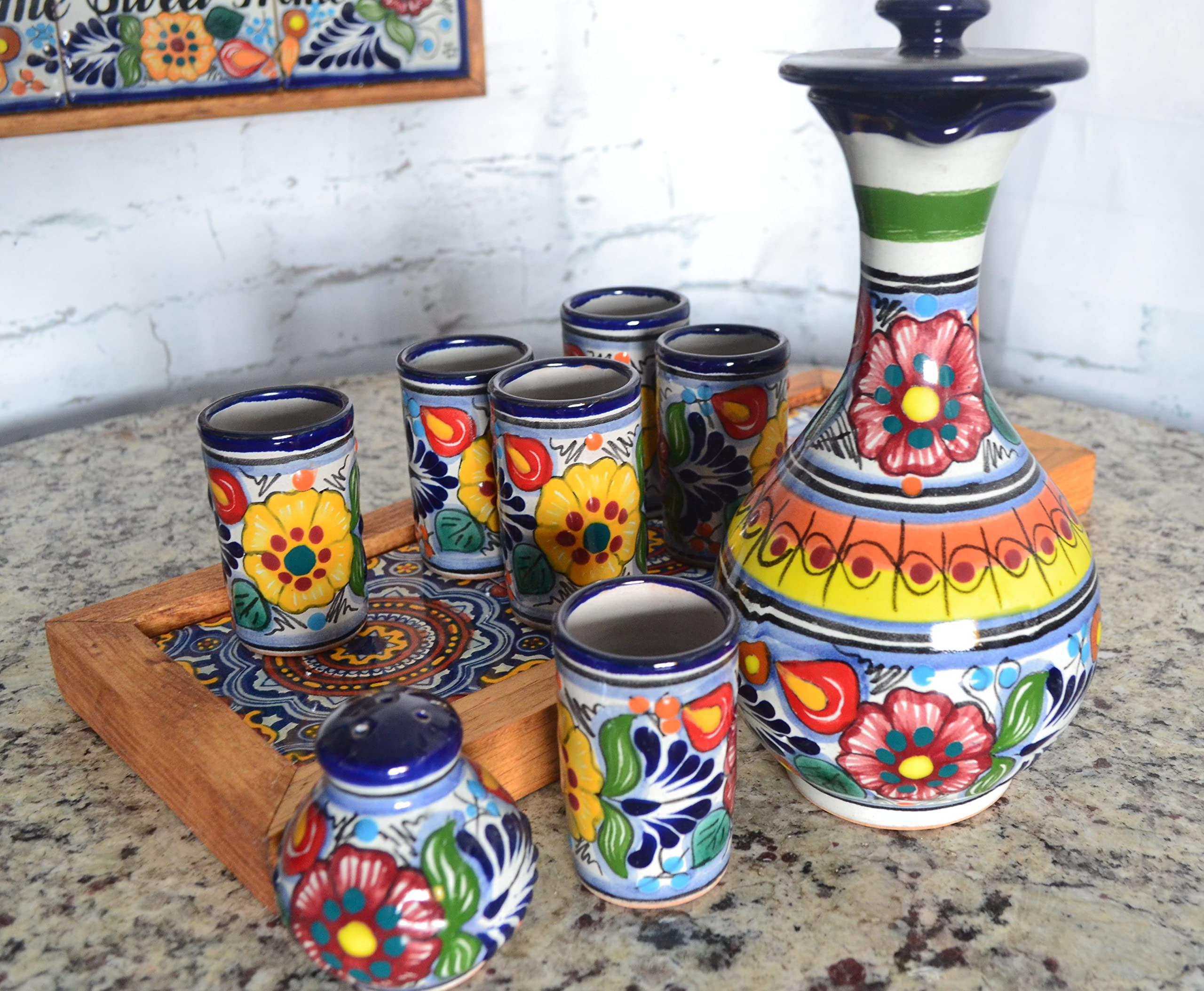 Generic Talavera tequila set, Talavera tequila set with ottoman tray, tequila gift, talavera vases CM494