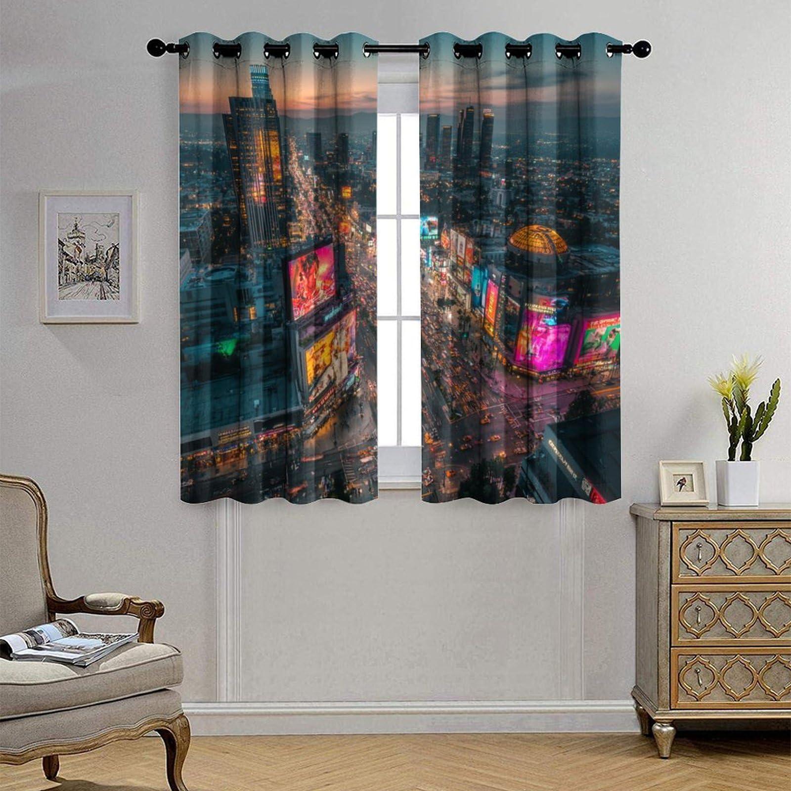 HDESDIS HDESDIS Skyline Urban Sunset Grommet Blackout Curtains for Bedroom, Night Lights Scenic Cityscape Thermal Insulated Curtains Room Darkening Window Drapes, 21W x 63L, 2 Panels