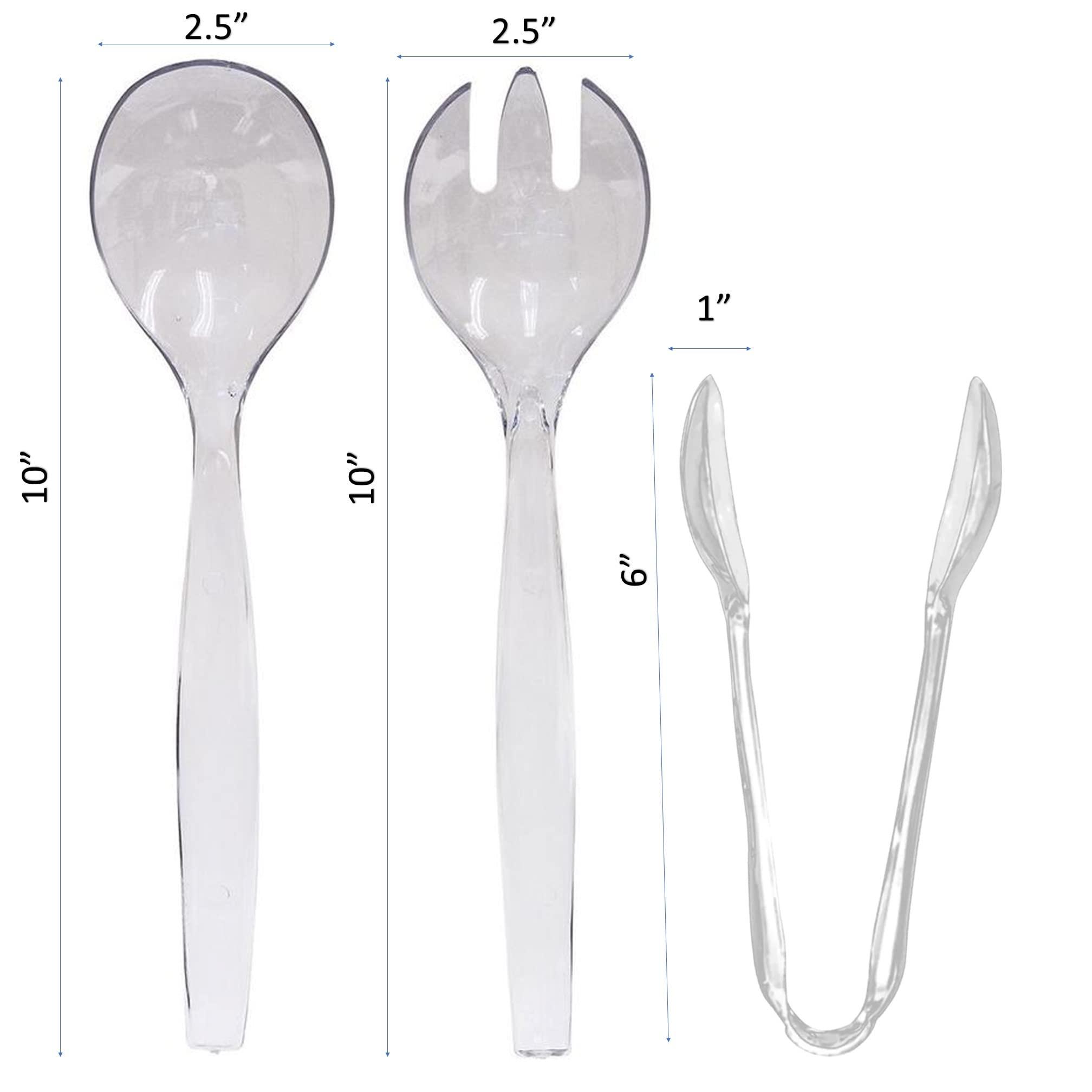 VeZee VeZee\'s Plastic Serving Utensils, Clear Heavy Duty Disposable utensil | Set 10\" Spoons 10\" Forks 6\" Tongs | 6 Each in One Set| 72 Count