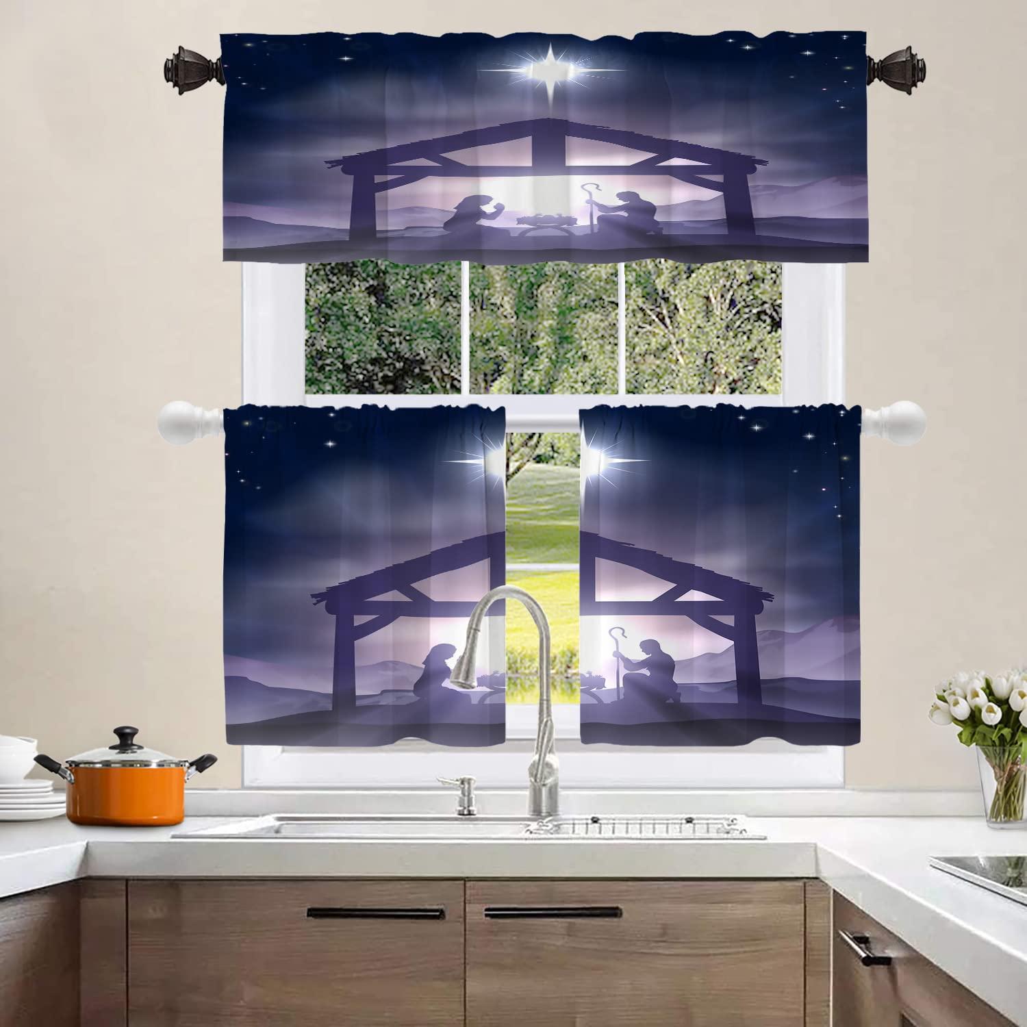 Shrahala Shrahala Christmas Kitchen Valances, Stars Baby in The Manger Half Window Curtain Window Treatment Multilayer Polyester Blackout for Living Room Bathroom 52 x 18 in
