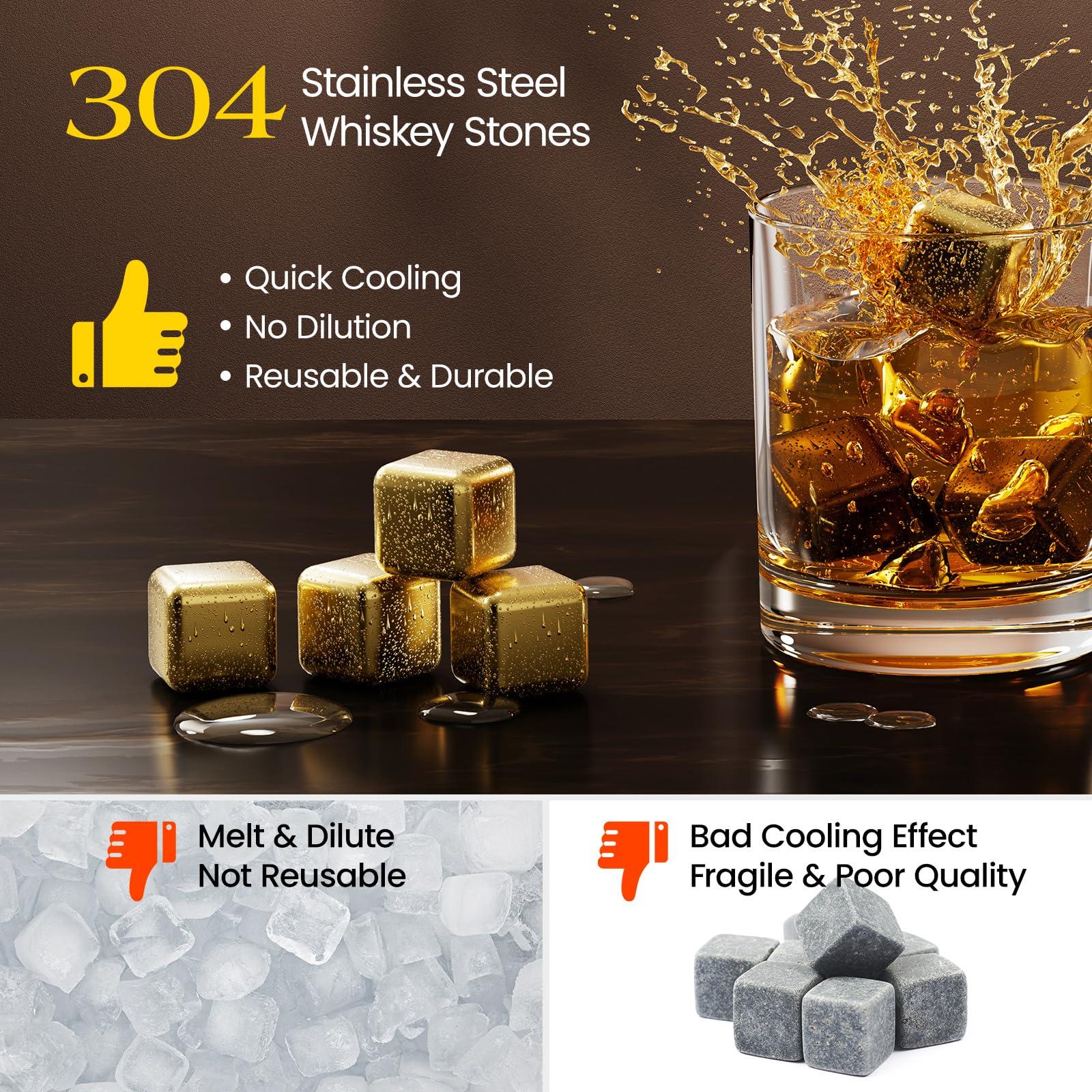 Kollea Kollea Whiskey Stones, 8 Pack Golden Stainless Steel Whiskey Chilling Rocks, Reusable Ice Cube for Drinking, Rum Cocktail Drink Accessories, Bartender Kit, House Warming Gifts New Home, Christmas