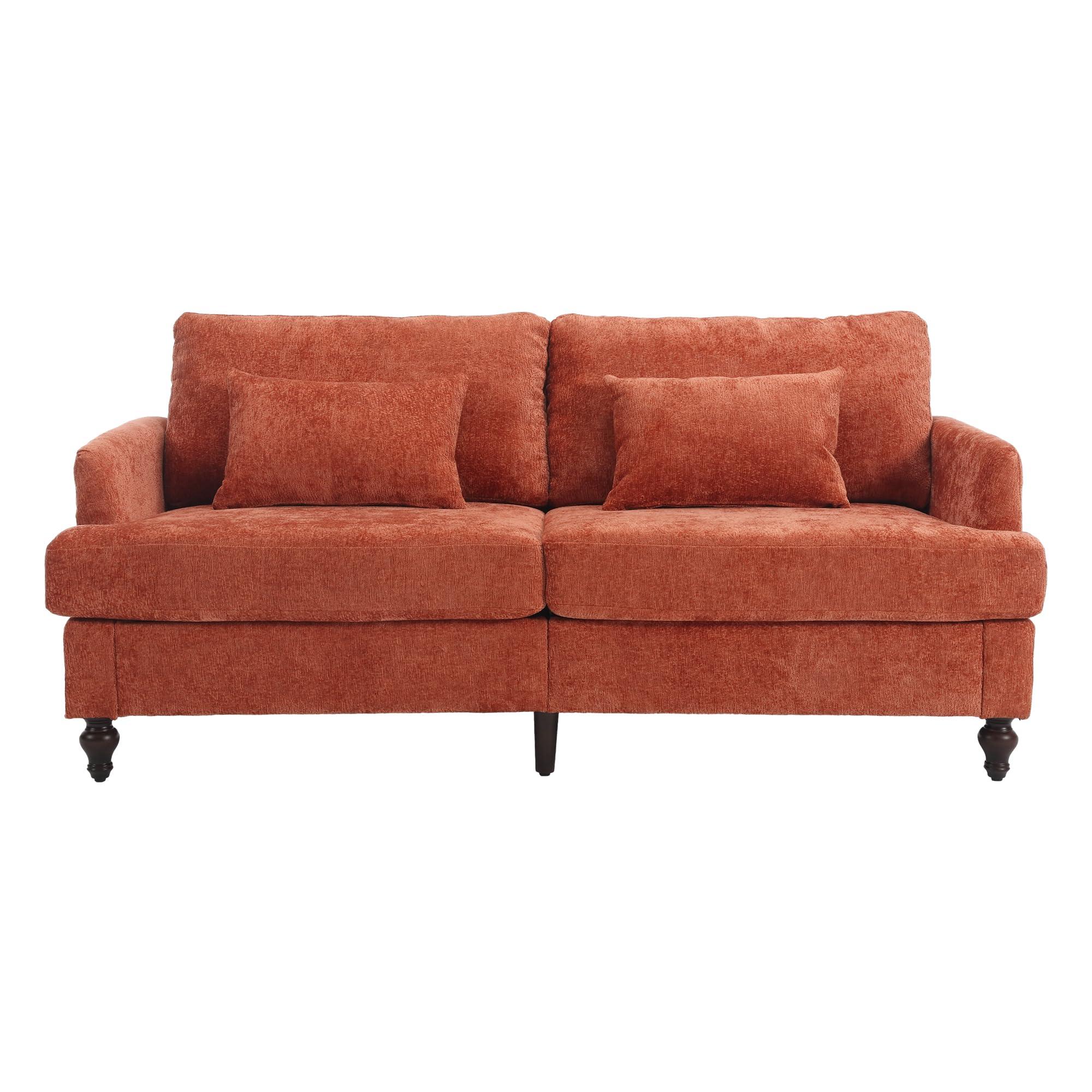 LIANGFU 68.9" Mid Century Modern Sofa, Loveseat Sofa, Chenille Upholstered Sofa, Two Seater Couch, Mini Cloud Couch, Comfy Couches for Living Room, Lounge Sofa with Brown Wood Feet for Bedroom (Dark Orange)