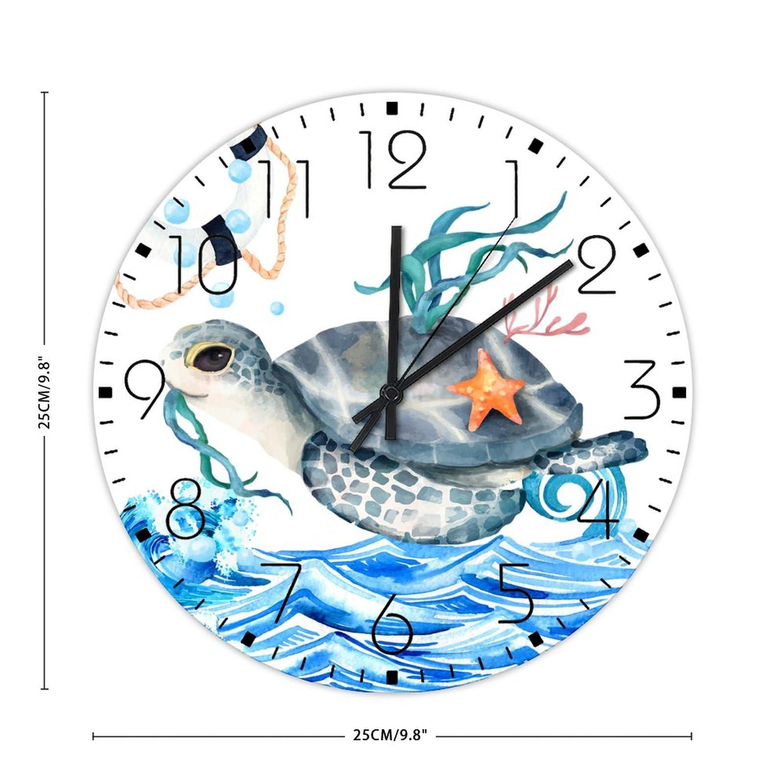 Autravelco Autravelco Wooden Wall Clock Round Silent Non-Ticking Ocean Beach Nautical Theme Underwater Sea Turtle Modern Wall Clocks Ocean Sea Animal Artwork Home Decoration for Yoga Room Home Garden 10 Inch