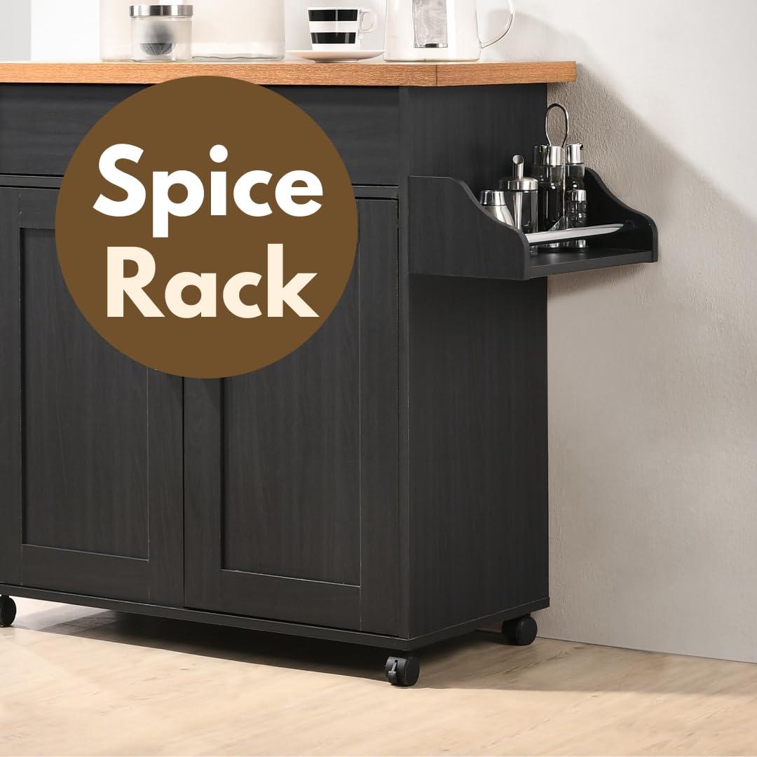 Hodedah Hodedah Kitchen Island with Spice Rack, Towel Rack & Drawer, Black with Beech Top