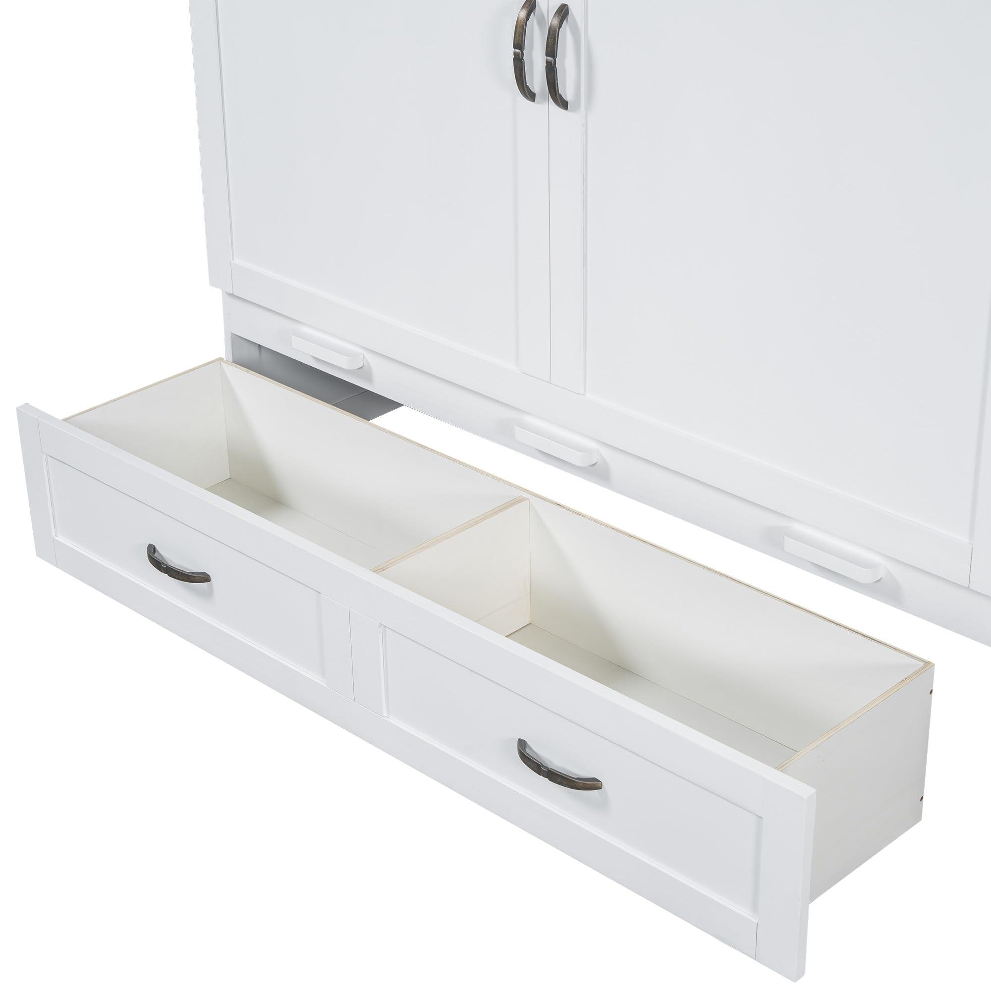 RUNNA RUNNA Full Size Versatility Murphy Bed with Large Drawer,Solid Wood Mobile Murphy Chest Bed with USB Port and Metal Handles. Foldable, Saves Bedroom Space (White#069)