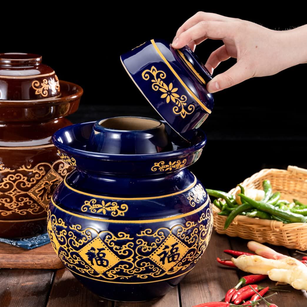 ZHOUXIAO ZHOUXIAO Blue Pickle Jar,Traditional Chinese Porcelain Pickle Jar, Ceramic Fermentation Crock Pickling Pot,Fermenting Jar with Water Seal Airlock Lid Stoneware Fermenter for 3KG