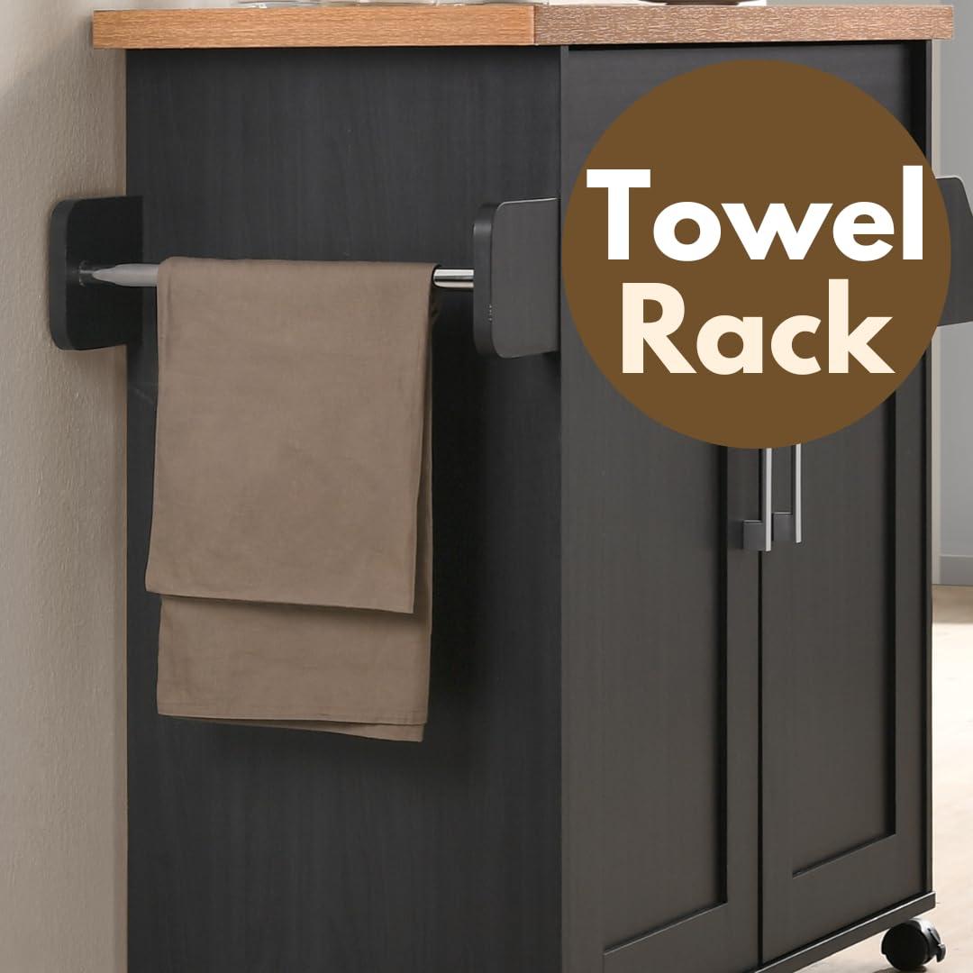 Hodedah Hodedah Kitchen Island with Spice Rack, Towel Rack & Drawer, Black with Beech Top