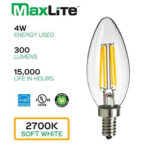 Maxlite MaxLite Candelabra LED Chandelier Bulbs, 40W Equivalent, Enclosed Fixture Rated, 300 Lumens, Dimmable Filament Candle Bulbs, E12 Base, Energy Star, Wet Rated, 2700K Soft White, 6-Pack