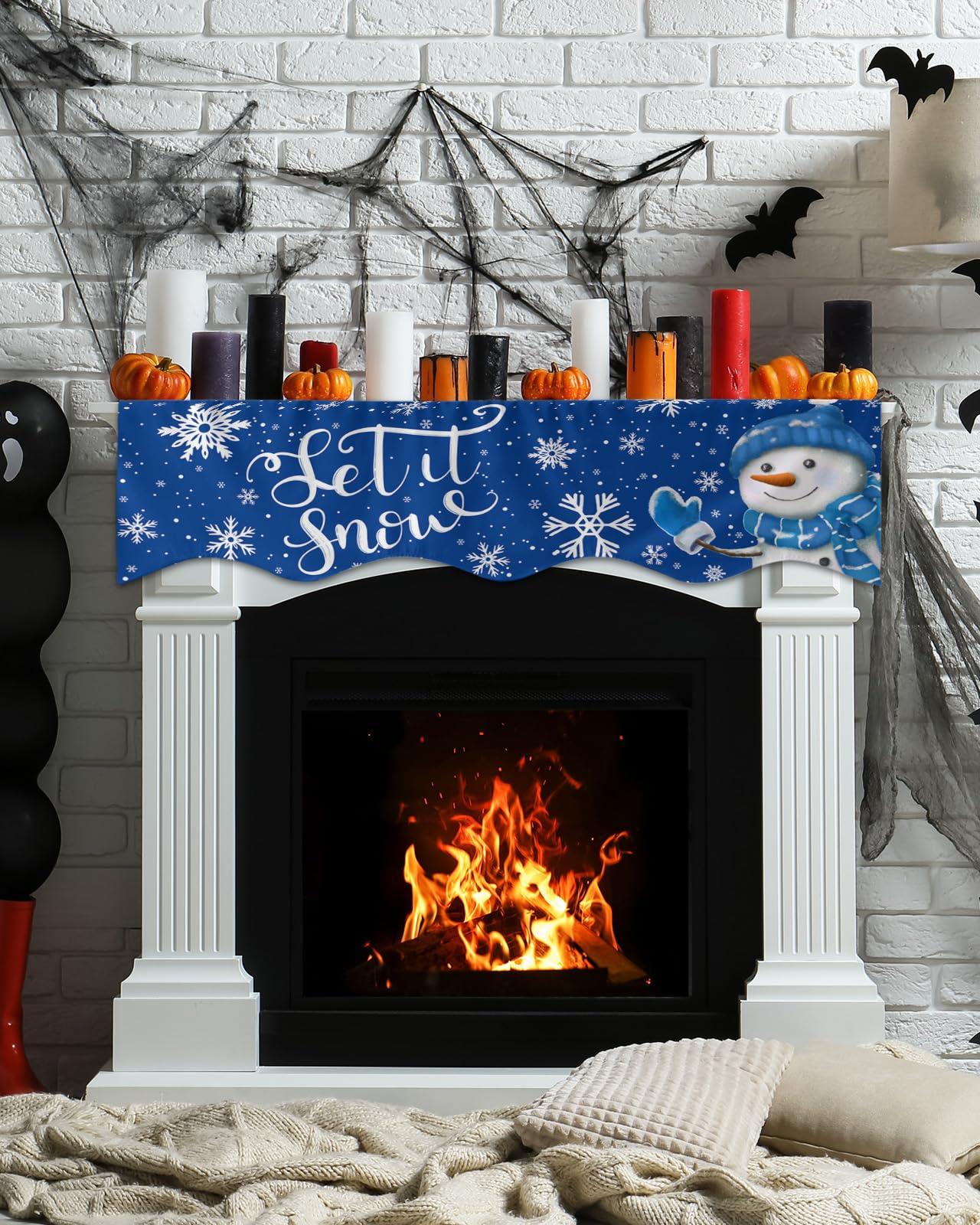 Falaniique Blue Christmas Fireplace Mantel Scarf Cover, Mantel Shelf Top Scarf Runner for Christmas Halloween Thanksgiving Fall Indoor Decorations Winter Snowflake Snowman 70\'\' L x 17\'\' W