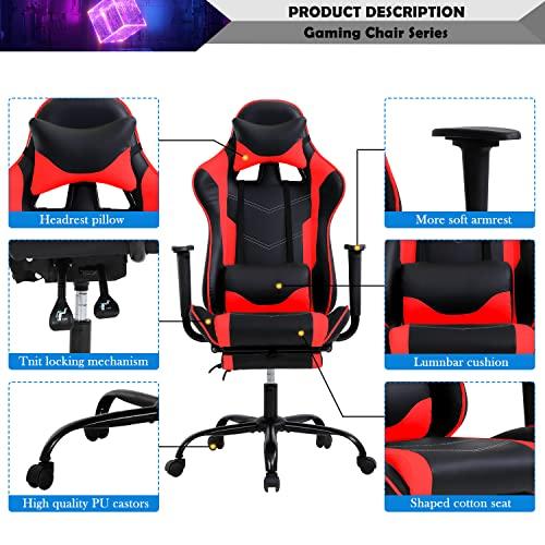 YIQIEDEY Gaming Chair, Video Game Chair, Cheap Computer Gaming Chair PU Leather High Back PC Gaming Chair Ergonomic Racing Swivel Office Desk Chair with Headrest and Lumbar Support for Adults Kids Red