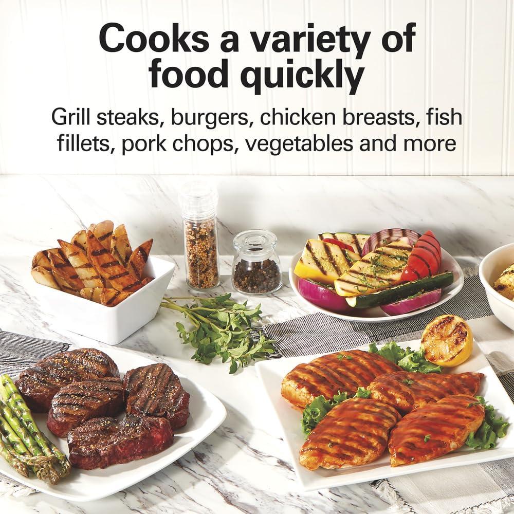 Hamilton Beach Hamilton Beach Electric Indoor Grill, 6-Serving, Large 90 sq. in. Nonstick Easy Clean Plates, Floating Hinge for Thicker Foods, 1200 Watts, 6.38\"D x 12.68\"W x 13.78\"H , Silver (25371)