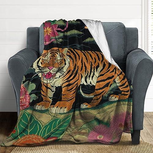 MangGou MangGou Oriental Toile Chinoiserie Flannel Blanket Animal Tiger Stripe Pink Floral Throw Blankets Colorful Flower Animal Print Tiger Throw Blanket for Bed Home Decoraive Warm Blankets 40x50in