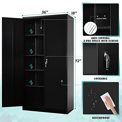 Majnesvon Majnesvon Metal Garage Storage Cabinet - 72" Locking Metal Storage Cabinet with 2 Doors and Adjustable Shelves & Locking Doors - Garage Cabinets for Tool Storage - Black