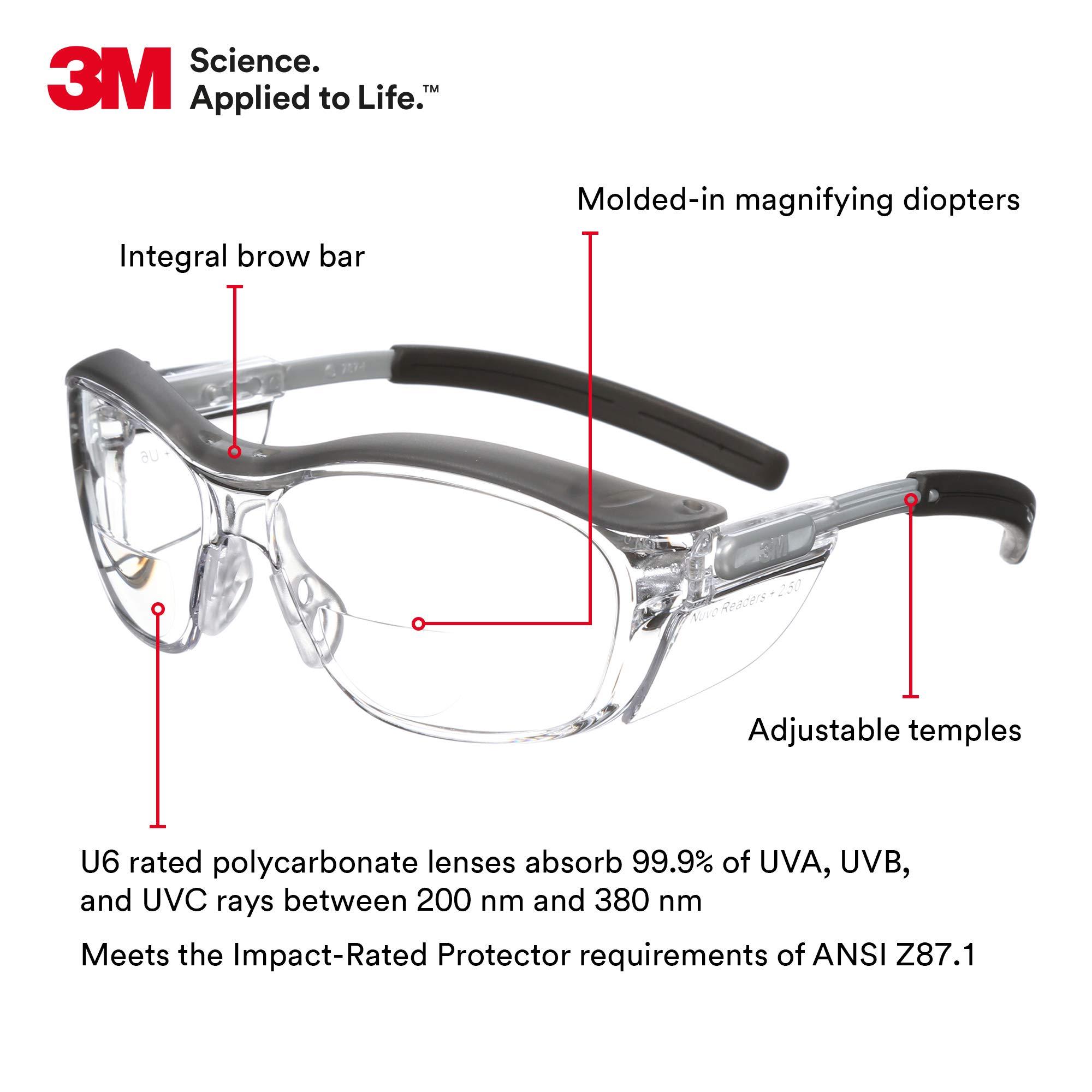 3M 3M Safety Glasses with Readers, Nuvo Protective Eyewear, +2.5 Diopter, ANSI Z87, Gray Frame, Clear Lens, Soft Nose Bridge, Side Shields
