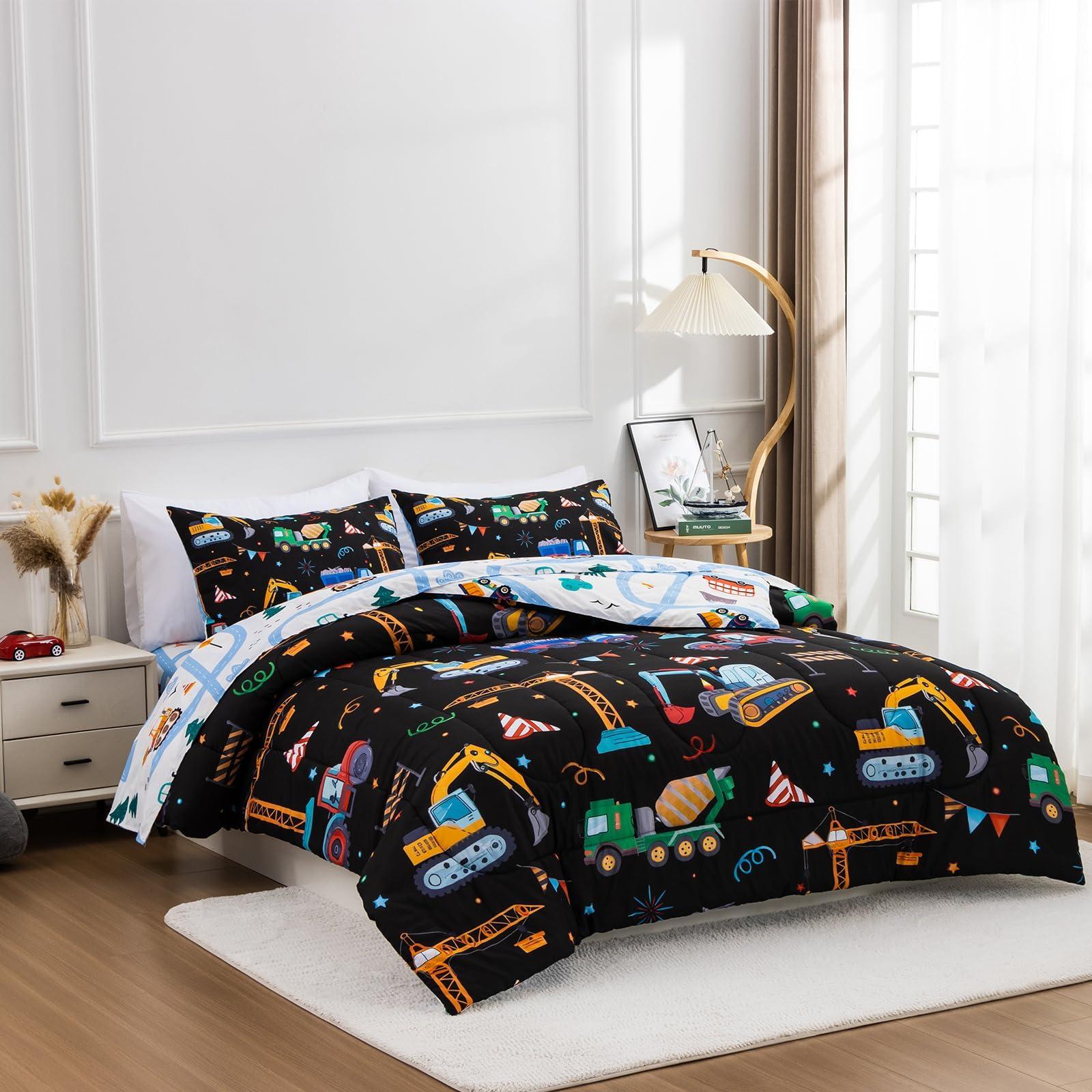 Holawakaka Holawakaka Trucks Tractors Cars Boy Bedding Comforter Set with Sheets, Full Size Cartoon Construction Car Excavator Print Kids Bed in A Bag 5-Piece, Boys Reversible Dorm Bed Sets (Black Full)