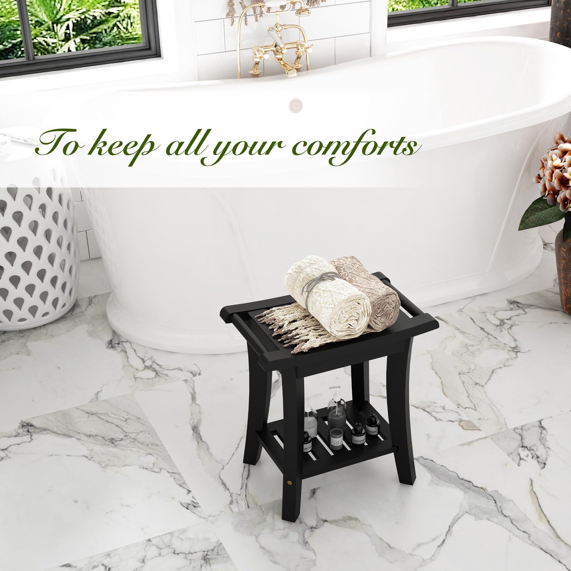 Unibambou Bamboo Shower Bench Inside Shower Stool with Storage Shelf, Spa Bath Chair for Bathroom, Seat or Organizer for Living Room, Bedroom and Garden - Great for All Ages Unisex Elderly (Small, Black)