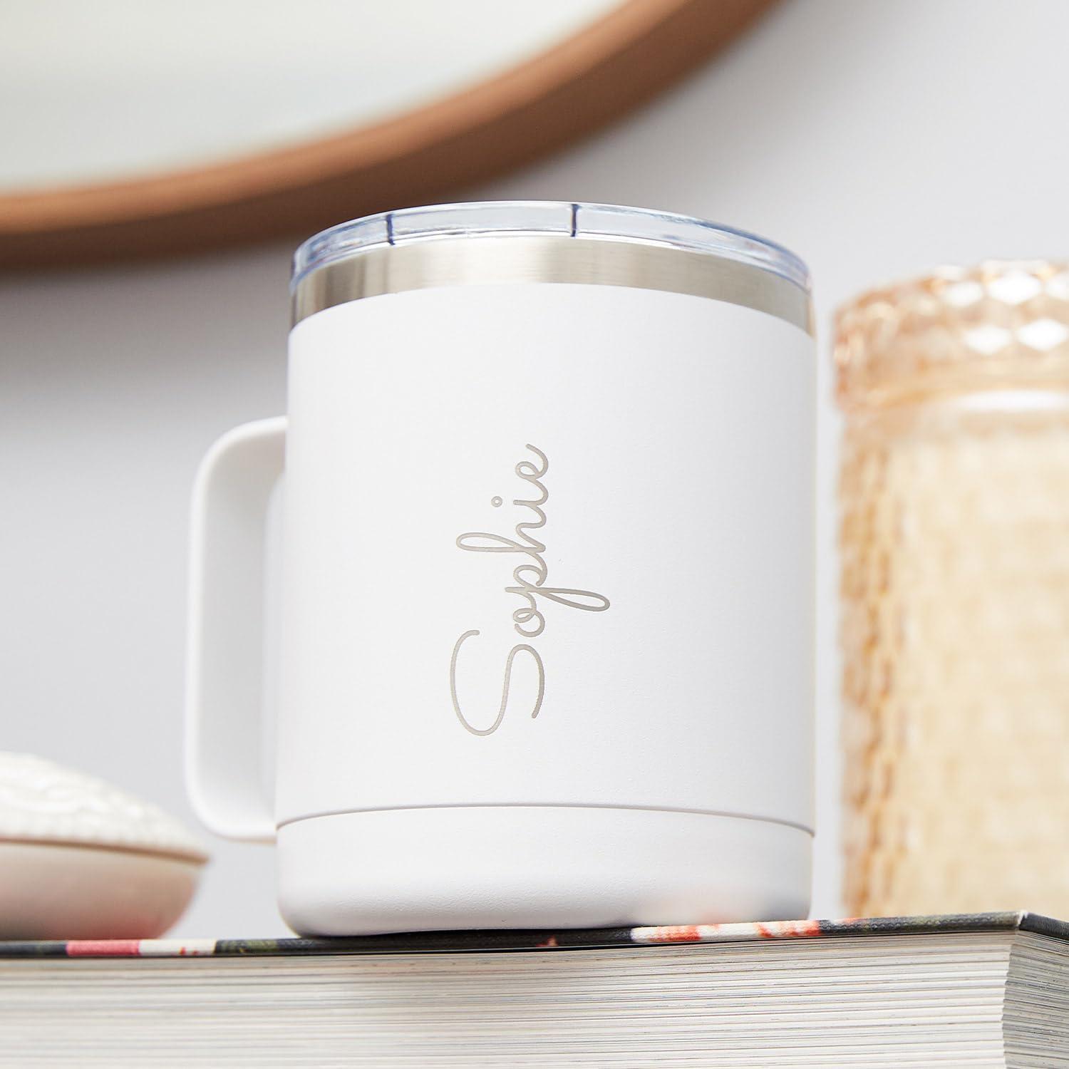 GAM CREATIVE GAM Personalized Insulated Coffee Mug - Laser Engraved - 10 oz Coffee Mug - Stainless Steel Customizable Tumbler with Handle Birthday Monogram Coffee Mug with Name, Custom Gift for Bridal Party, White