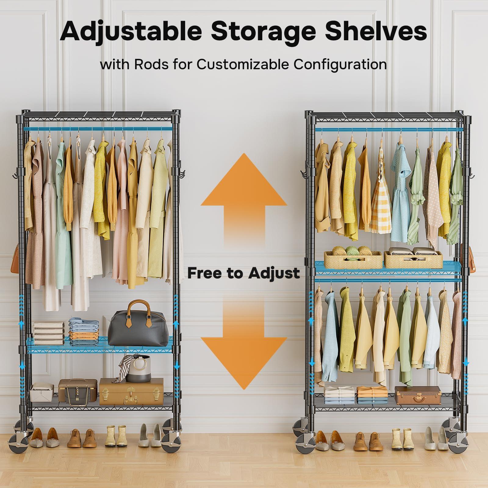 Simple Deluxe Simple Deluxe Rolling Clothes Rack, Heavy Duty Clothing Rack, 3-Shelf Portable Adjustable Wardrobe Closet with Wheels, Hanging Rods & Side Hooks, 29.5" W x 15.7" D x 75.6" H, Black