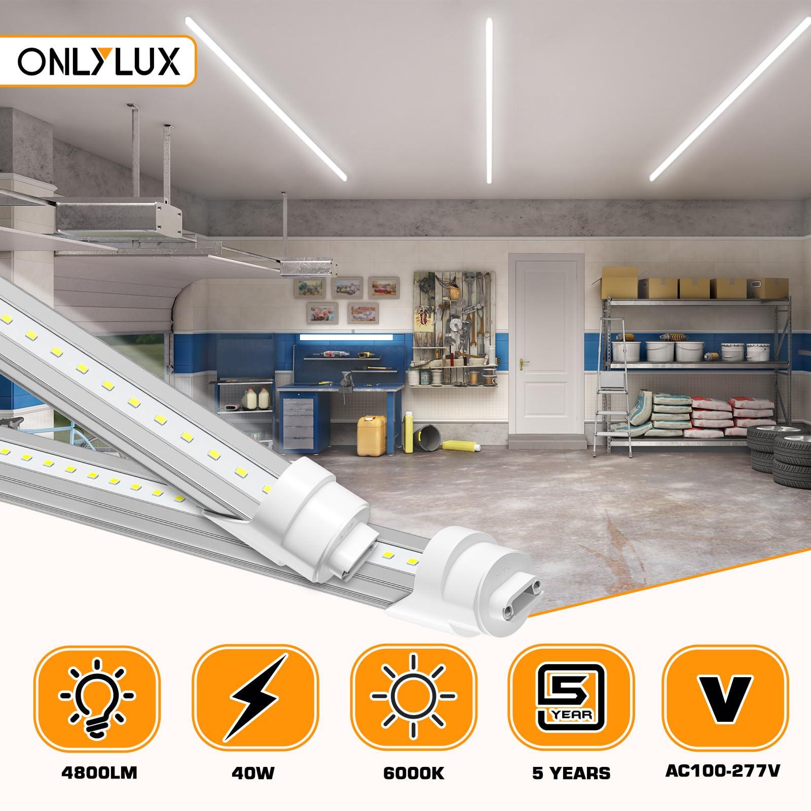 ONLYLUX ONLYLUX 8ft R17D LED Tube Light, F96t12 HO 8 Foot Led Bulbs, 96'' 8ft led Shop Light to Replace T8 T12 Fluorescent Light Bulbs, 100-277V Input, 4800LM, Cold White 6000K, Clear Lens (10 Pack)