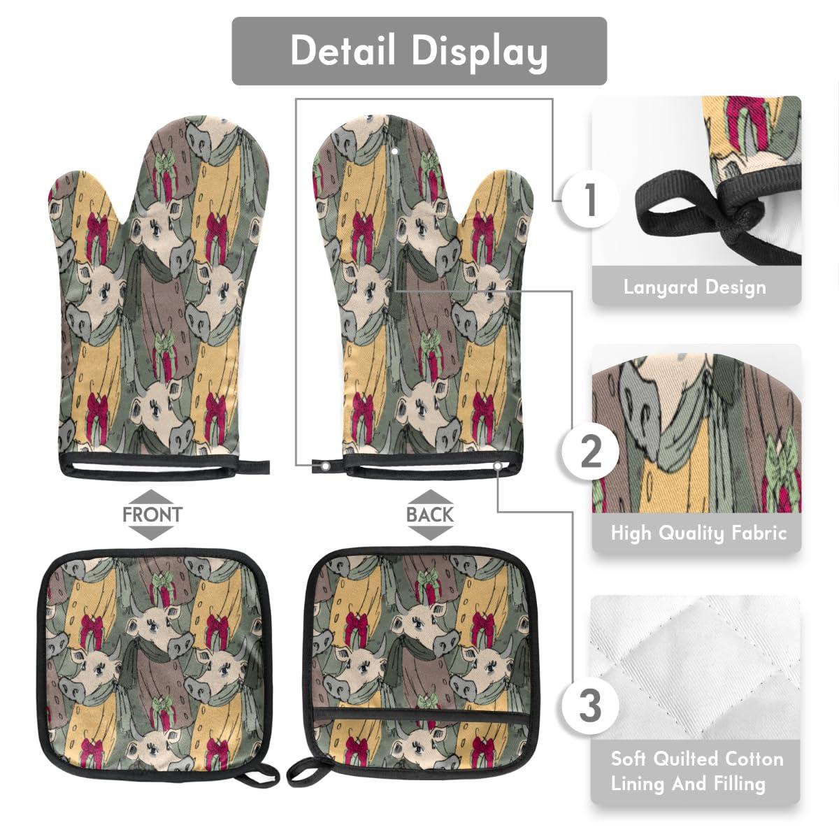 POFATO Gentleman Cow Oven Mitts and Pot Holders Sets Kitchen Oven Mitts Heat Resistant Non-Slip Potholders Oven Gloves and Hot Pads for BBQ Cooking Grilling Baking