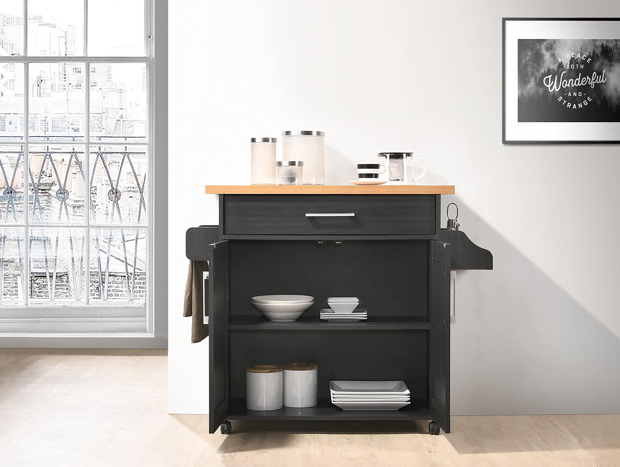 Hodedah Hodedah Kitchen Island with Spice Rack, Towel Rack & Drawer, Black with Beech Top